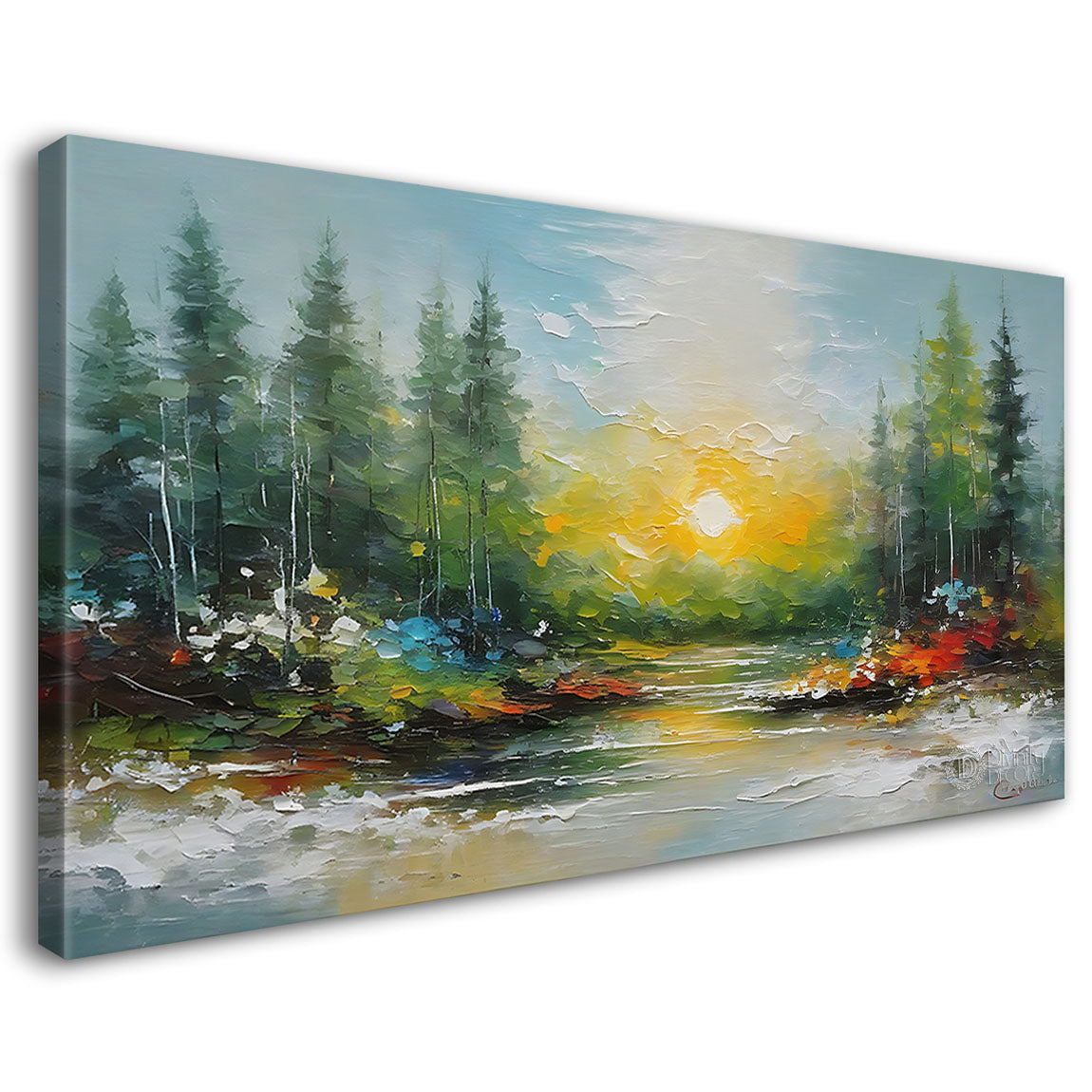 Trees with sunrise and lake in textured water color painting Canvas Painting - Nature Art -99