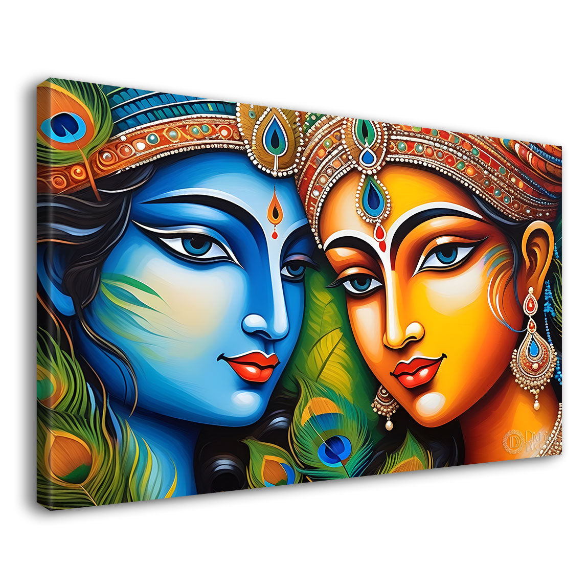 Blue face Krishna and Radha with peacock feather painting Canvas Painting - Design - Krishna-9