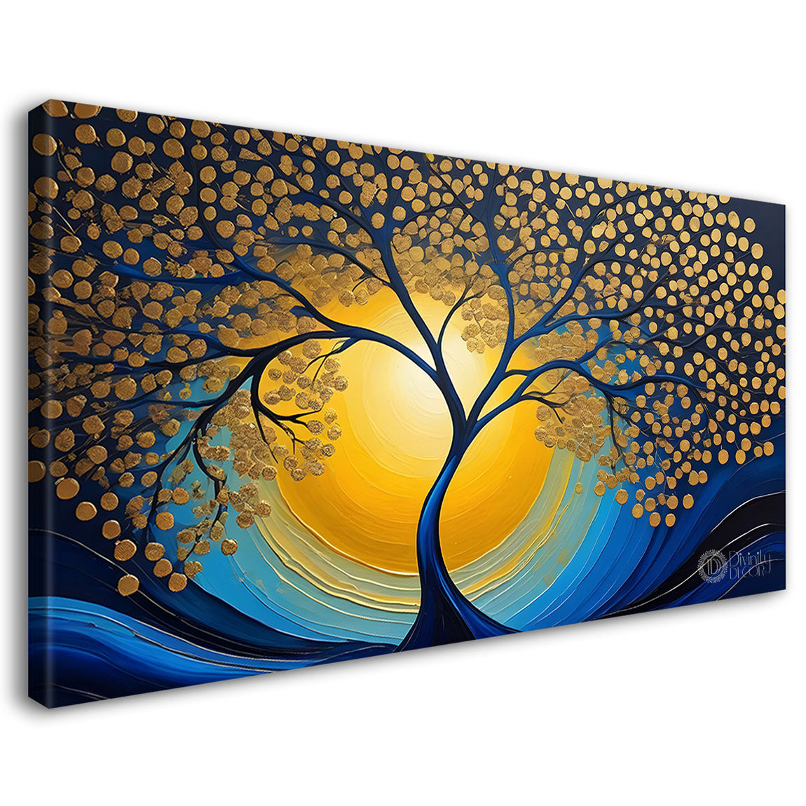Golden leaf tree with sun in behind textured modern art Canvas Painting - Design - Tree-9