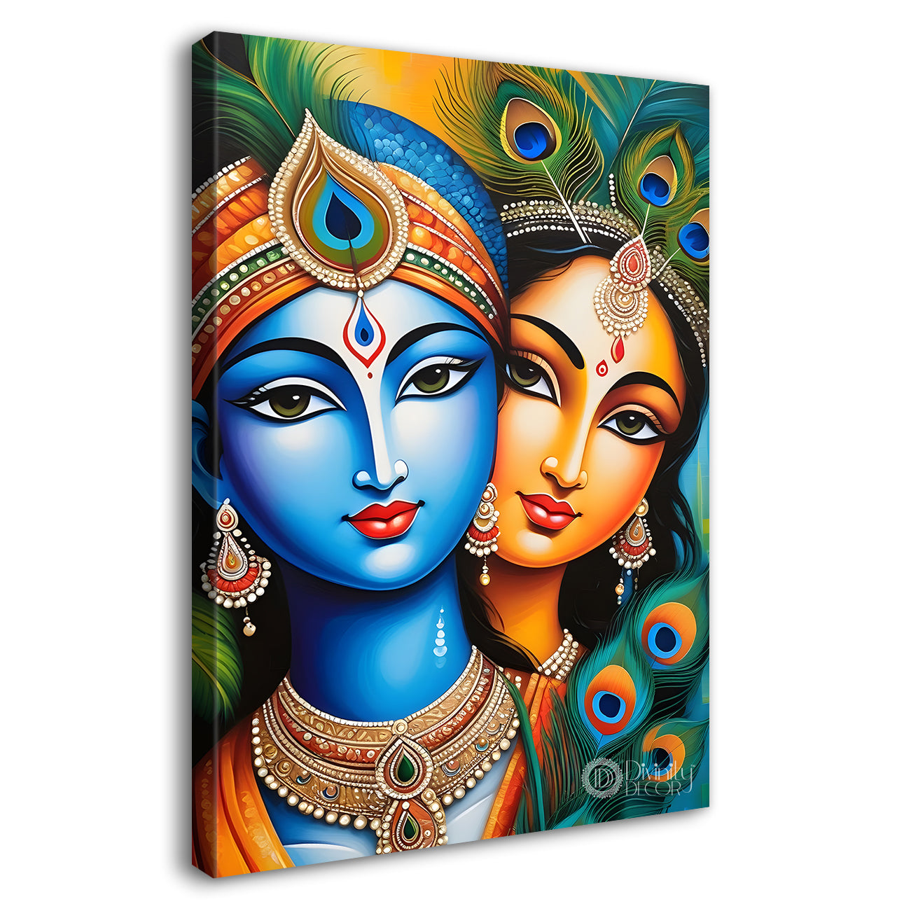 Blue face of krishna with radha in peacock feathers background textured art Canvas Painting - Design - Krishna-V-9