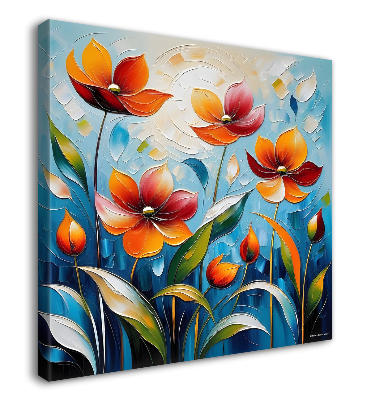 Orange flowers in blue background textured painting  - Flower-S-9