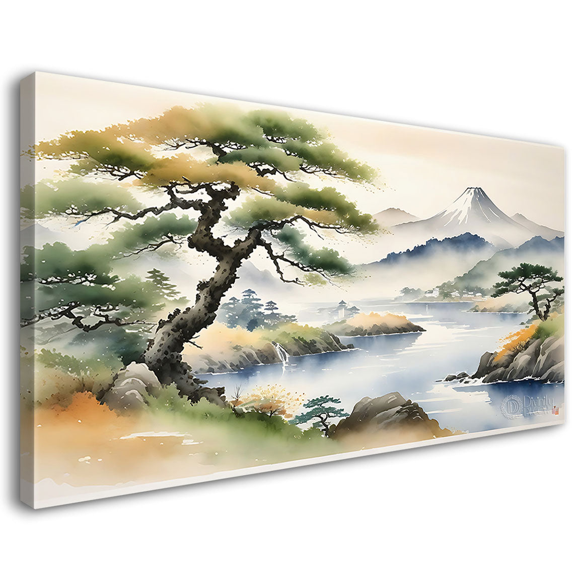 Mountains with green tree with lake in textured water color painting Canvas Painting - Nature Art -9