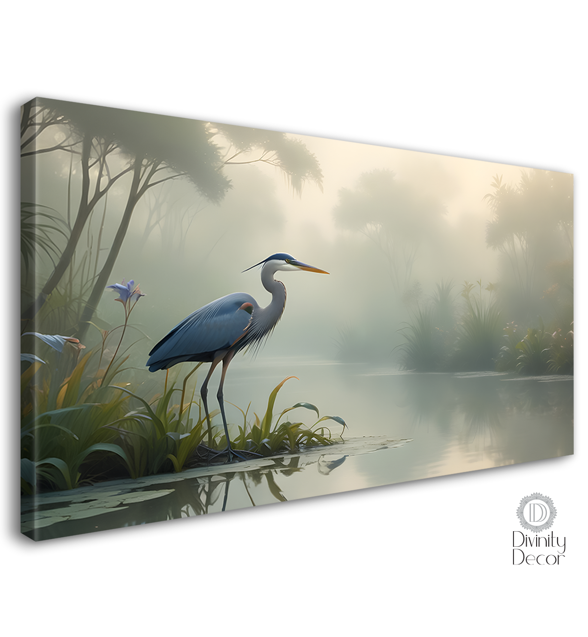 Blue Egret with lake and trees in a fog.- Design - Animal -9