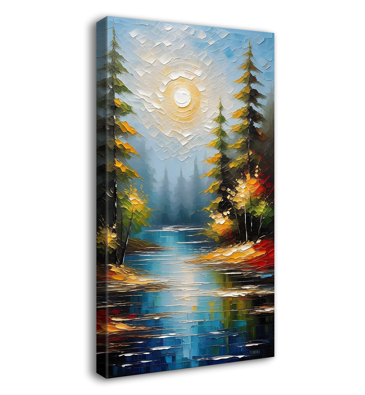 Tree with lake in colourful textured natural art Canvas Painting - Nature Art -V-9