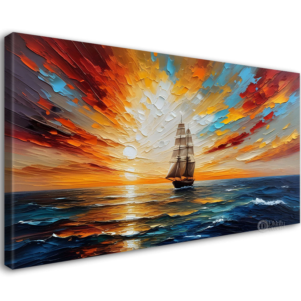 Ship with sunrise background in textured modern art canvas painting - Design - River-9