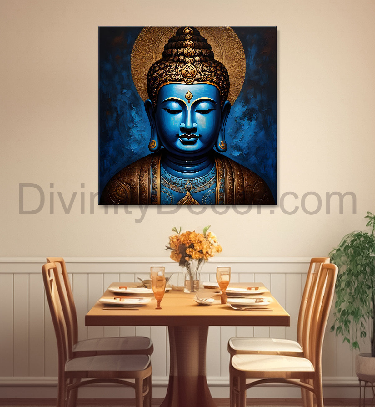 Golden buddha with blue background textured painting 24x24 inch Buddha-S-4