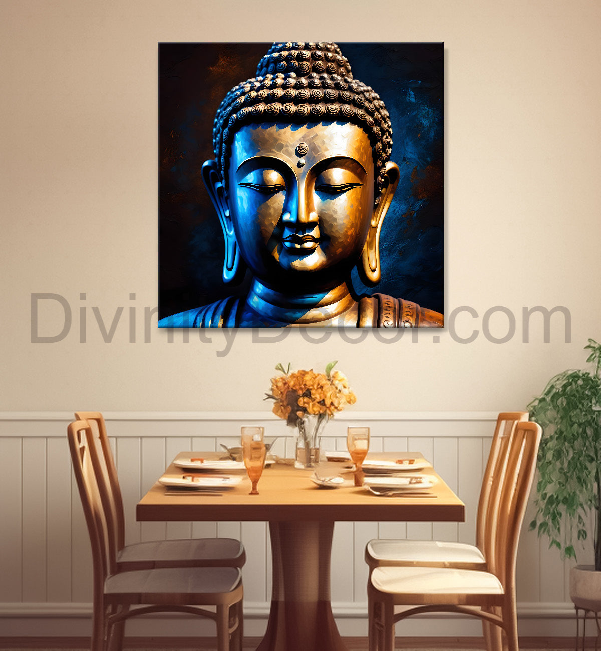 Golden buddha with blue background textured painting 24x24 inch Buddha-S-5