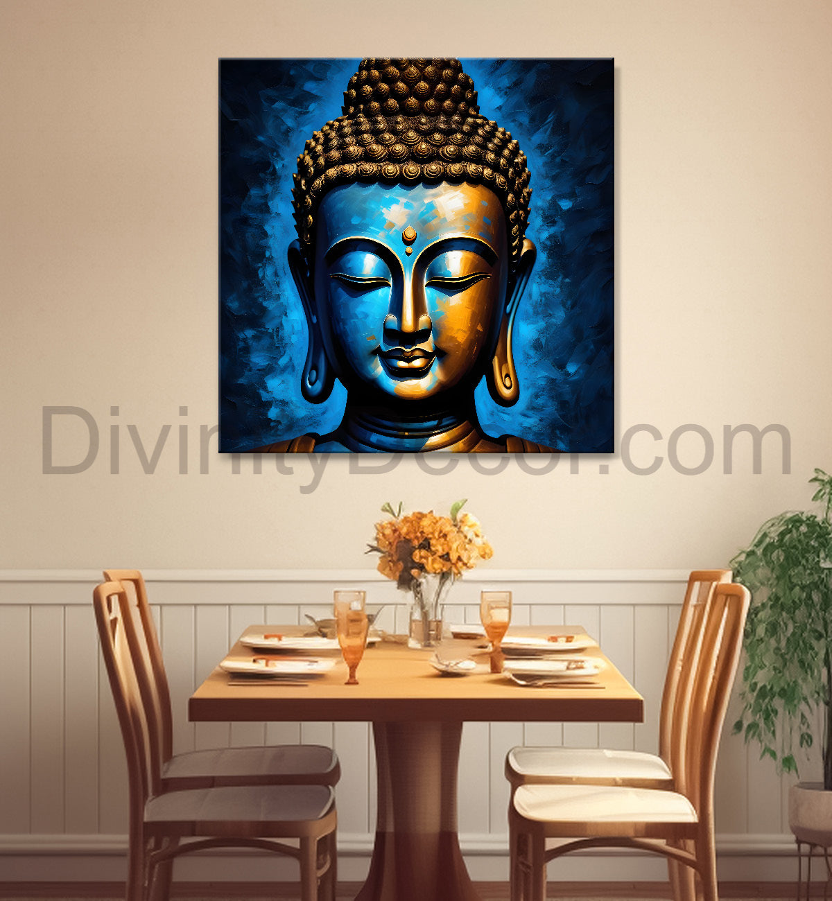 Golden buddha with blue background textured painting 24x24 inch Buddha-S-6