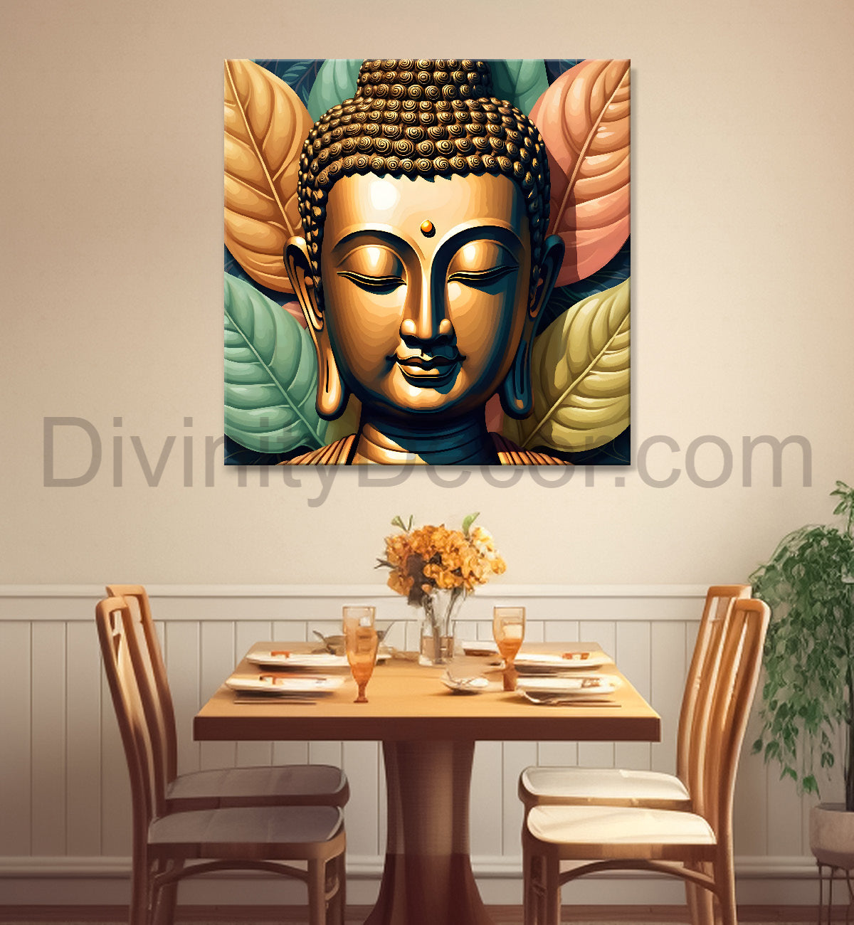Golden Buddha Painting with leaf 24x24 inch Buddha-S-23