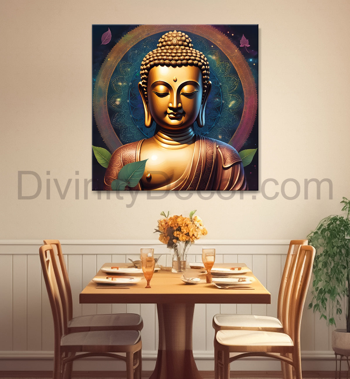 Golden Buddha Painting with leaf 24x24 inch Buddha-S-25