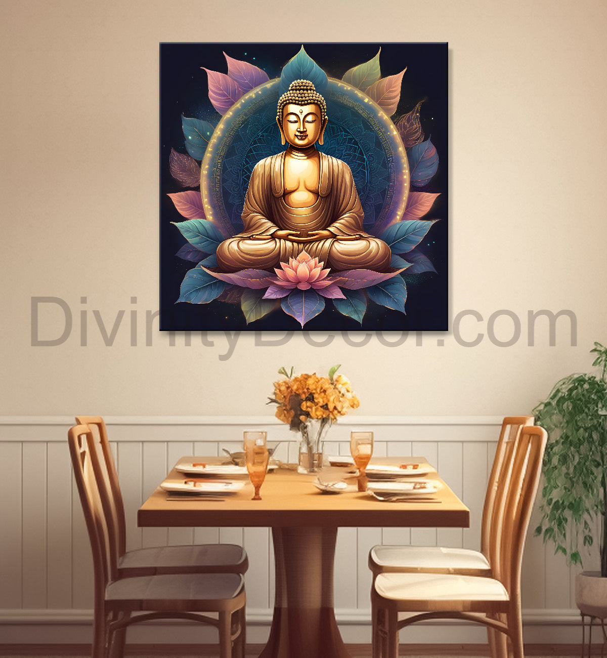 Golden Buddha Painting with leaf 24x24 inch Buddha-S-26