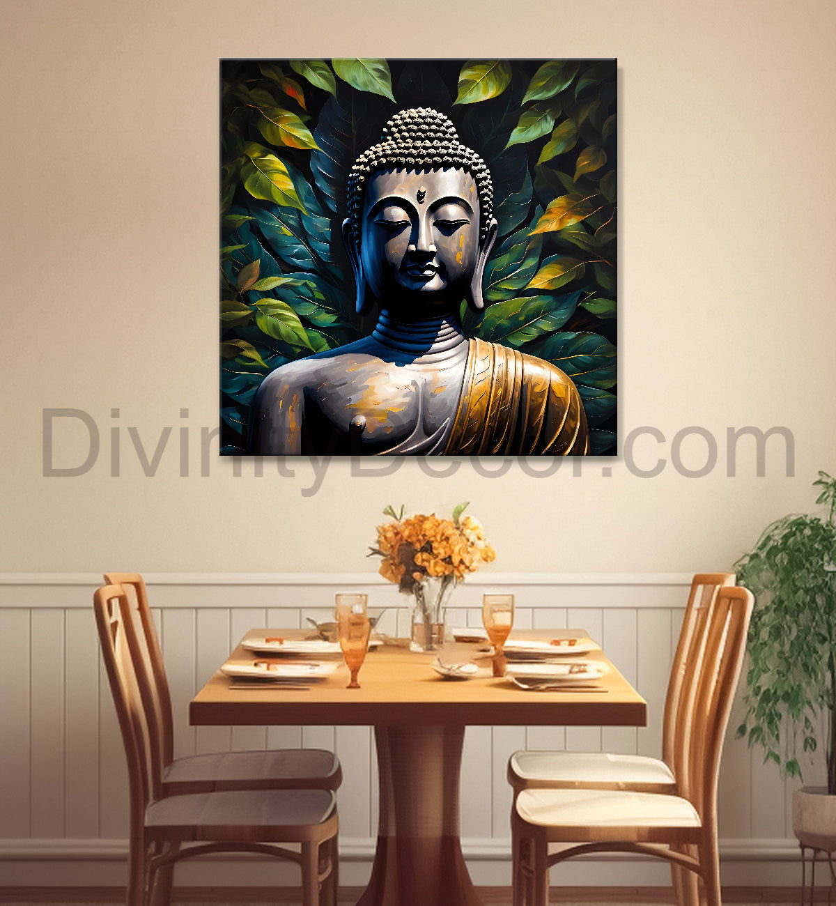 Golden Buddha Painting with leaf 24x24 inch Buddha-S-27