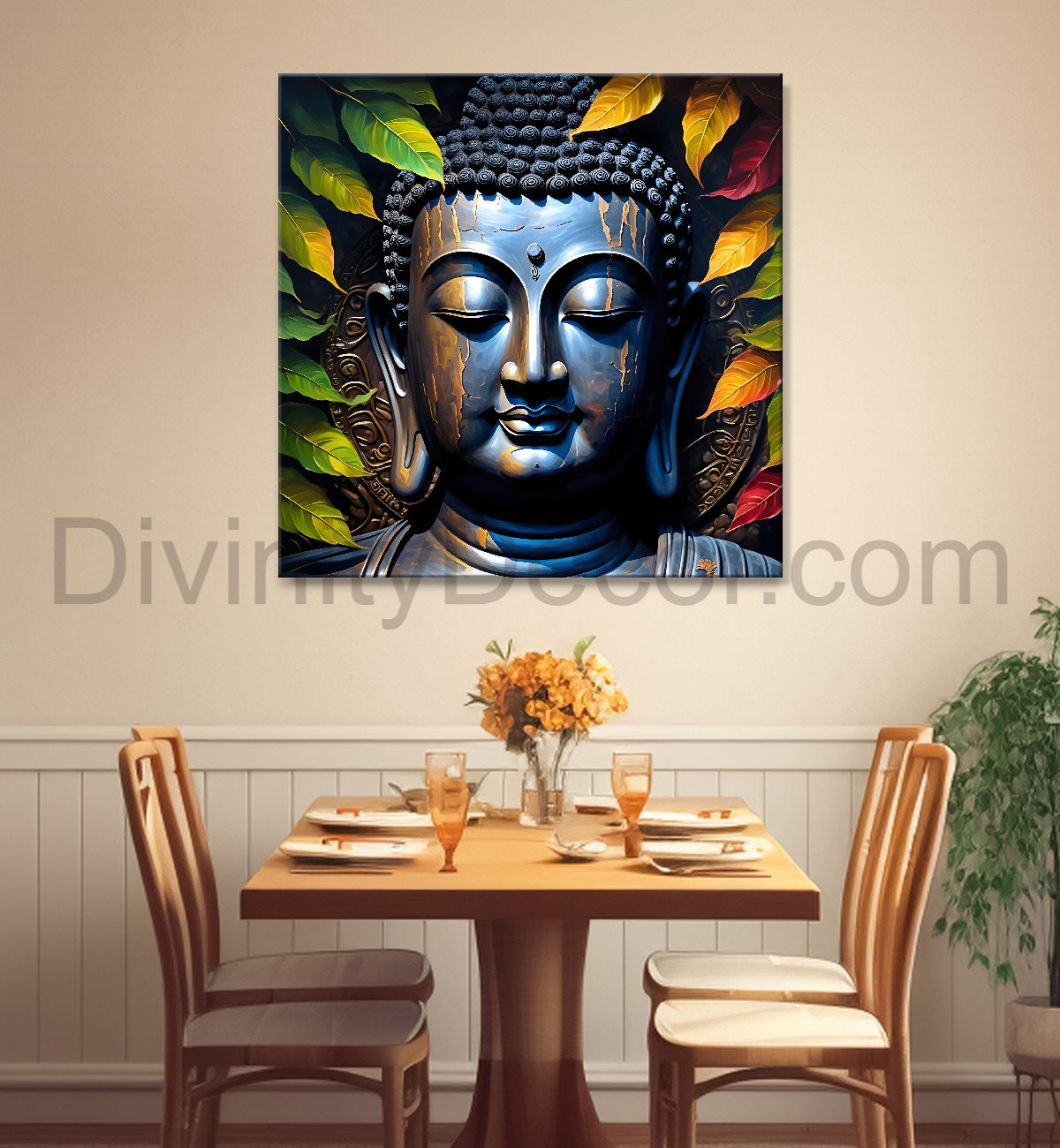 Golden Buddha Painting with leaf 24x24 inch Buddha-S-28