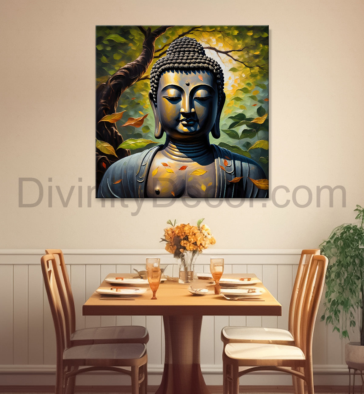 Golden Buddha Painting with leaf 24x24 inch Buddha-S-29