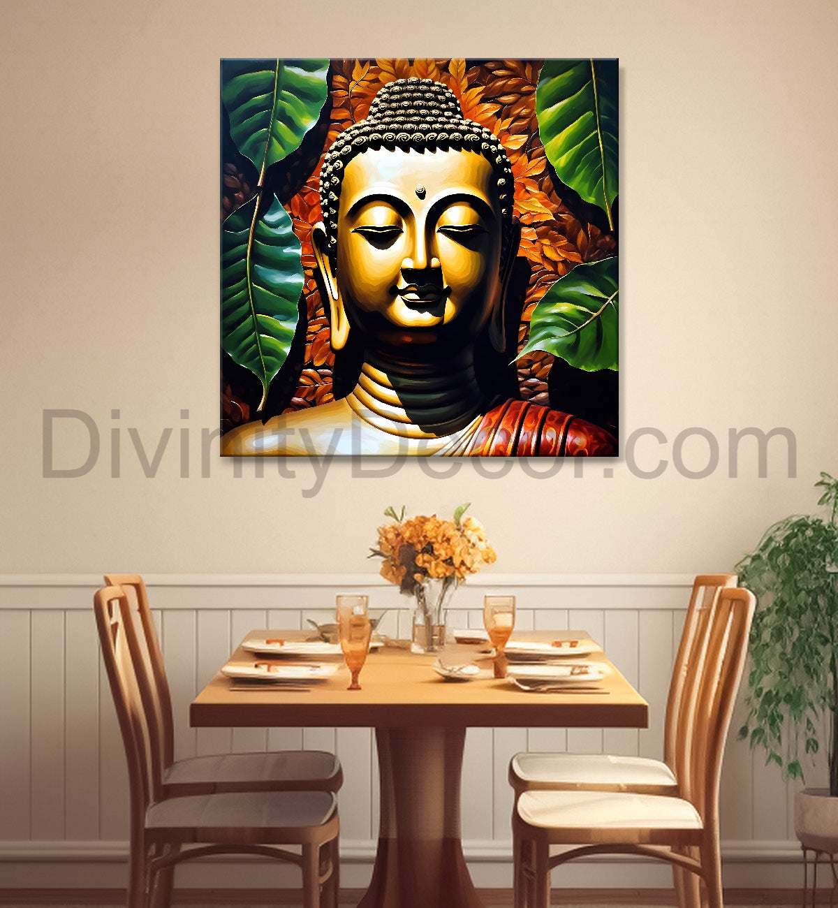 Golden Buddha Painting with leaf 24x24 inch Buddha-S-30