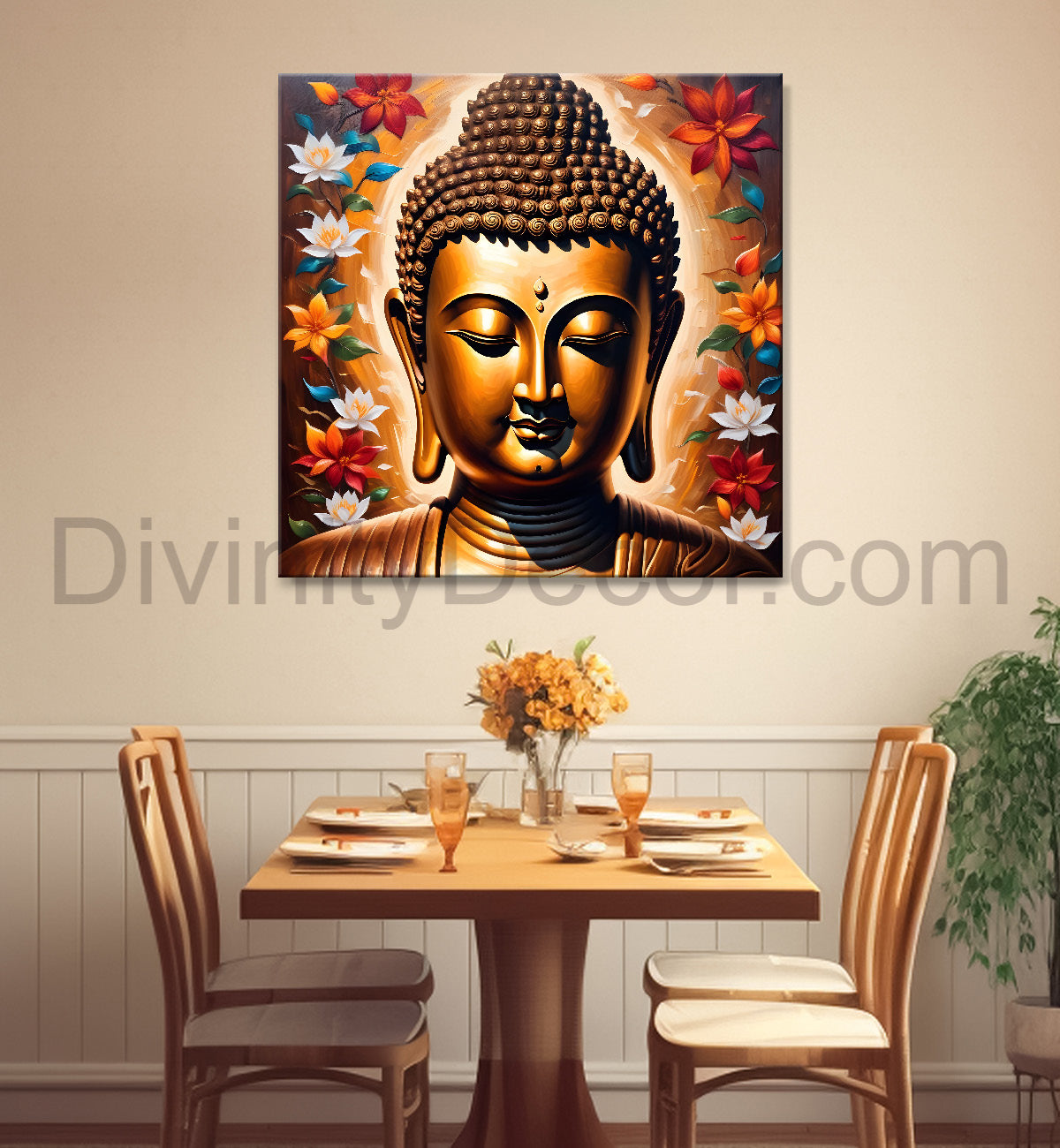 Golden buddha with multicolor flowers painting 24x24 inch Buddha-S-68