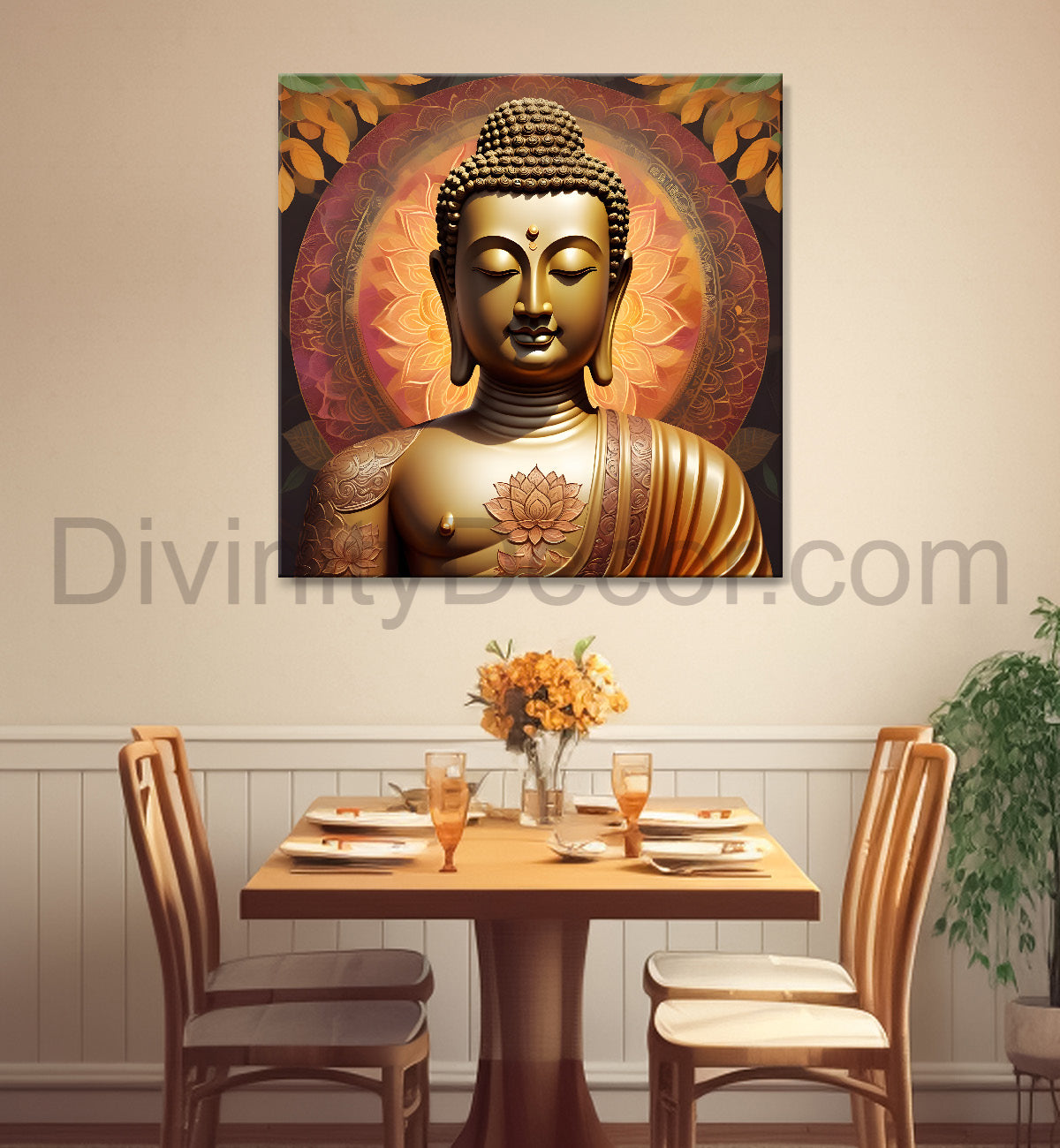Buddha Painting Dark brown with flower mandala 24x24 inch Buddha-S-70