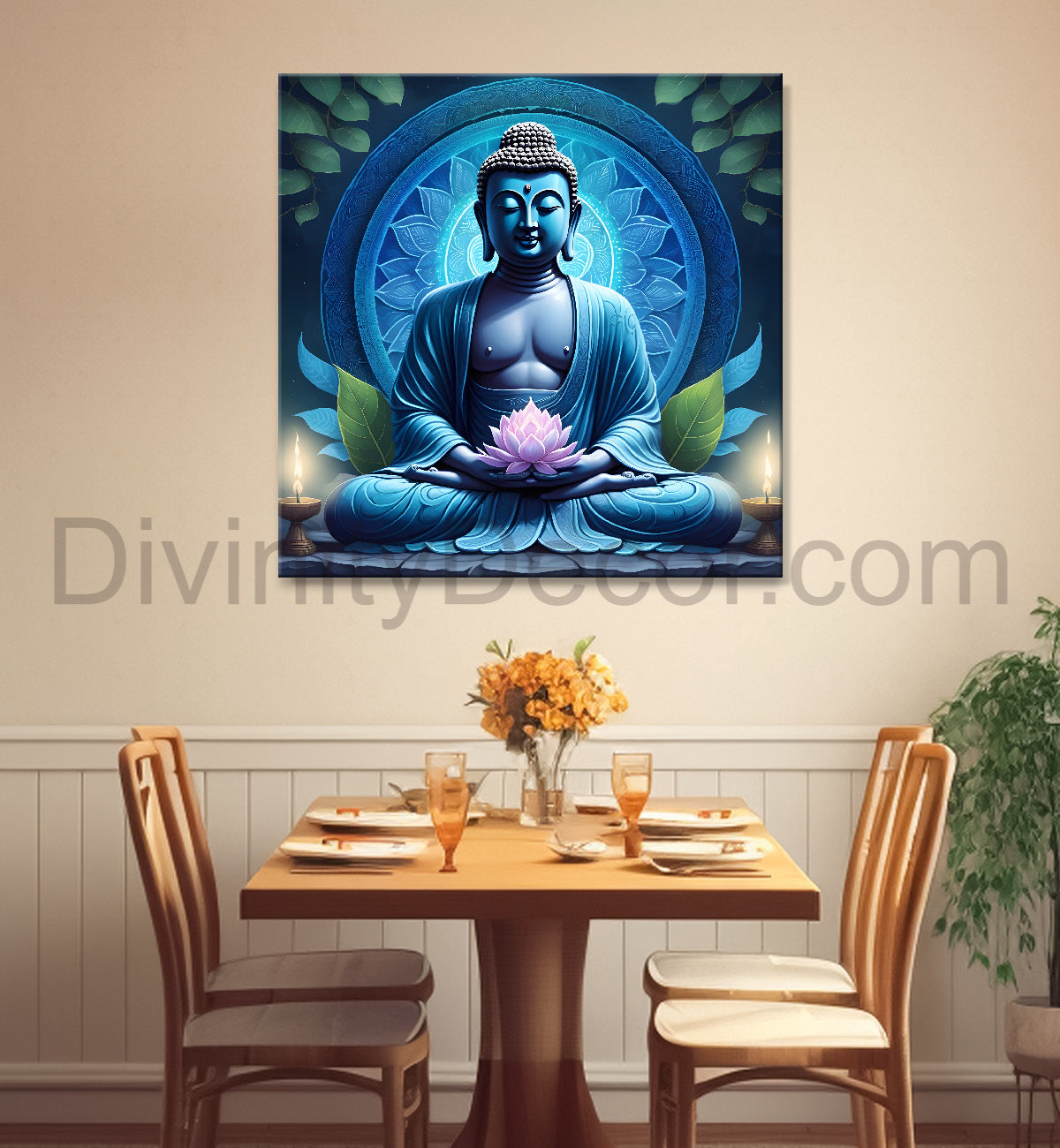 Dark Blue Buddha Painting with lotus flower 24x24 inch Buddha-S-73