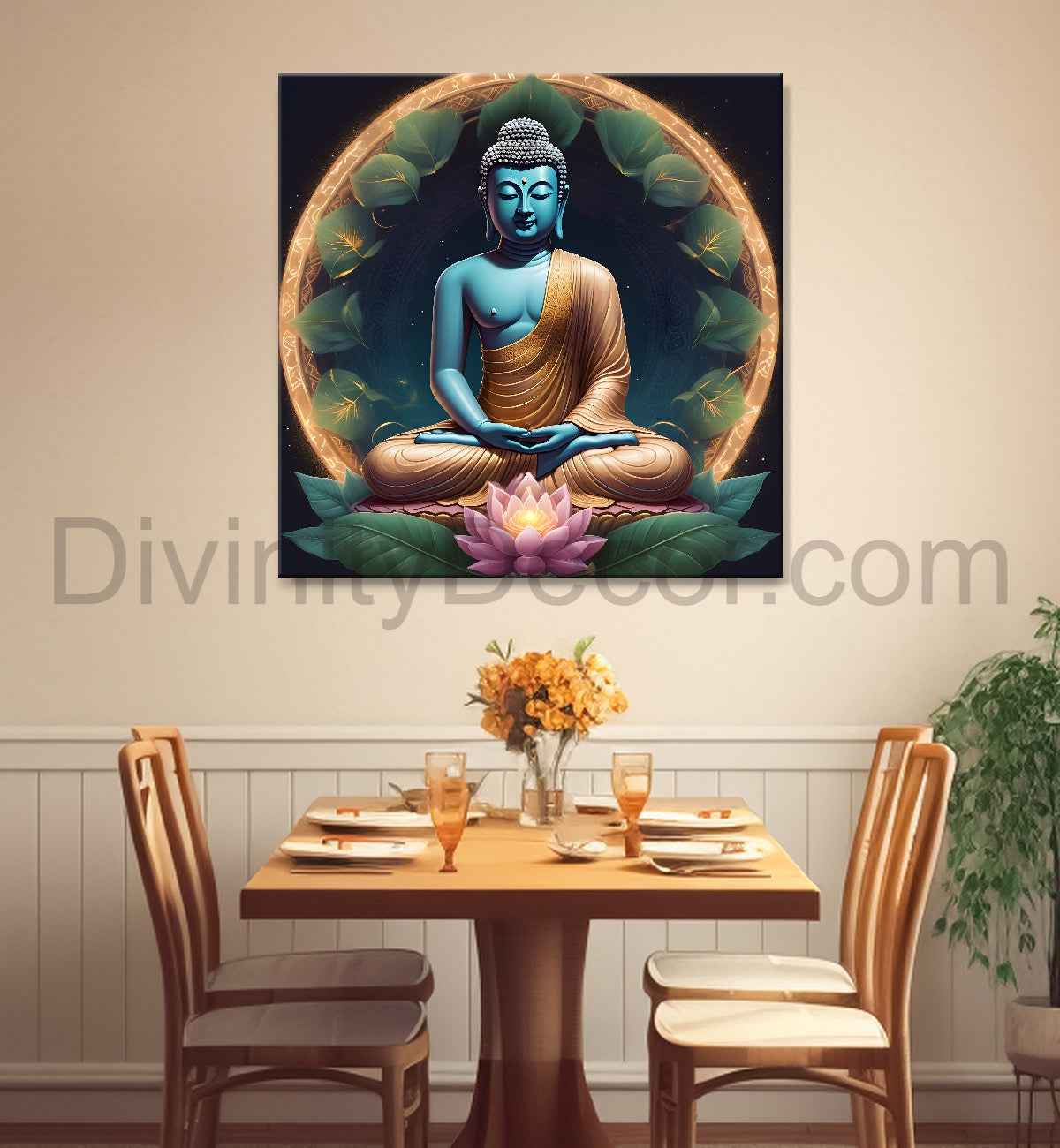 Dark green and blue buddha painting with lotus 24x24 inch Buddha-S-79
