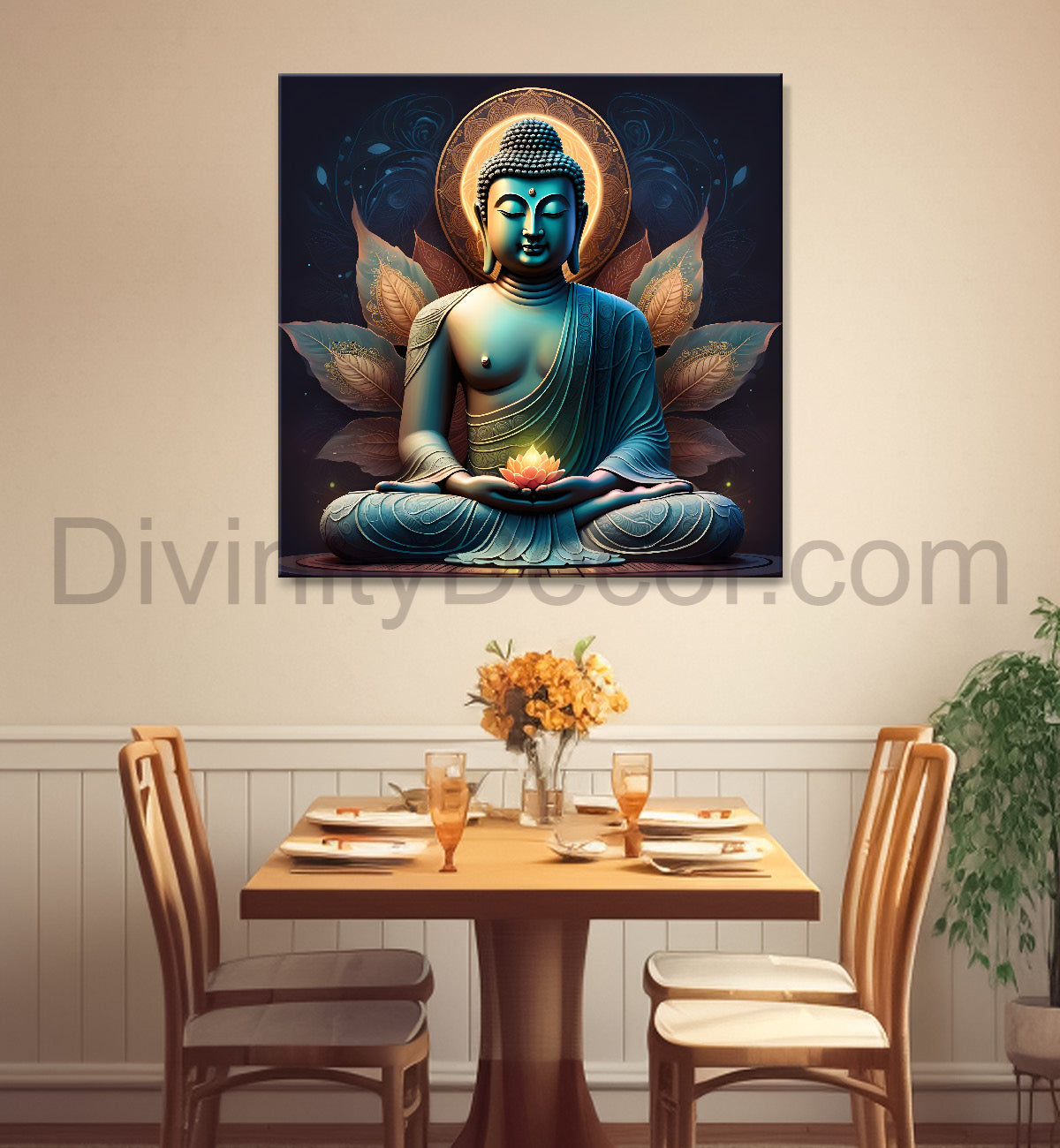 Dark green and blue buddha painting with lotus 24x24 inch Buddha-S-80