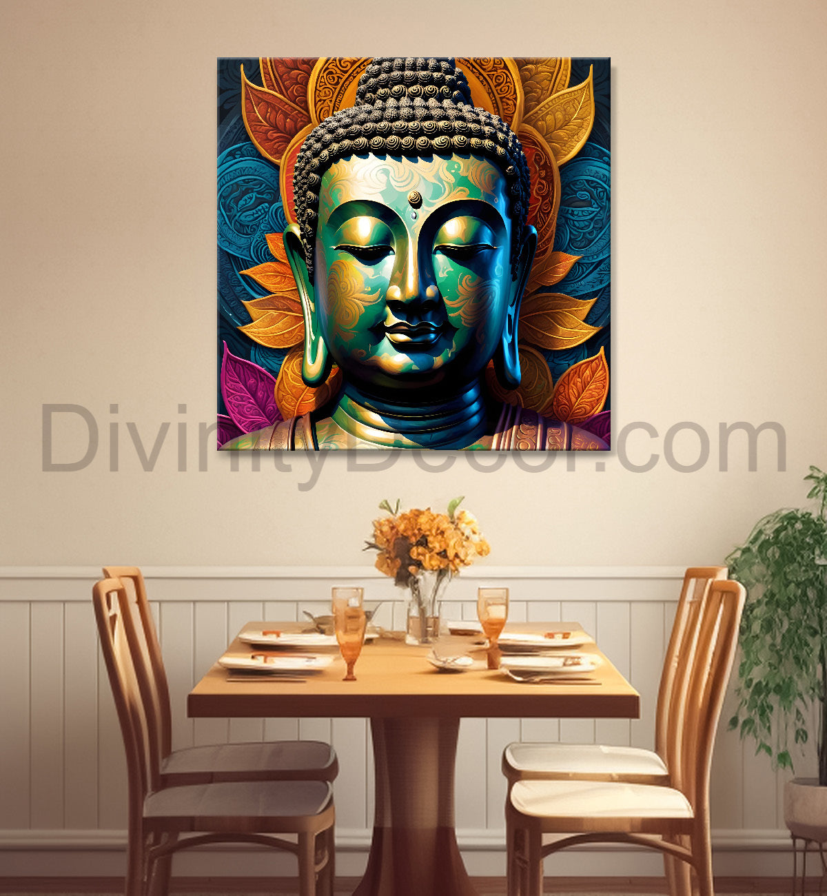 Dark green and blue buddha painting with lotus 24x24 inch Buddha-S-81