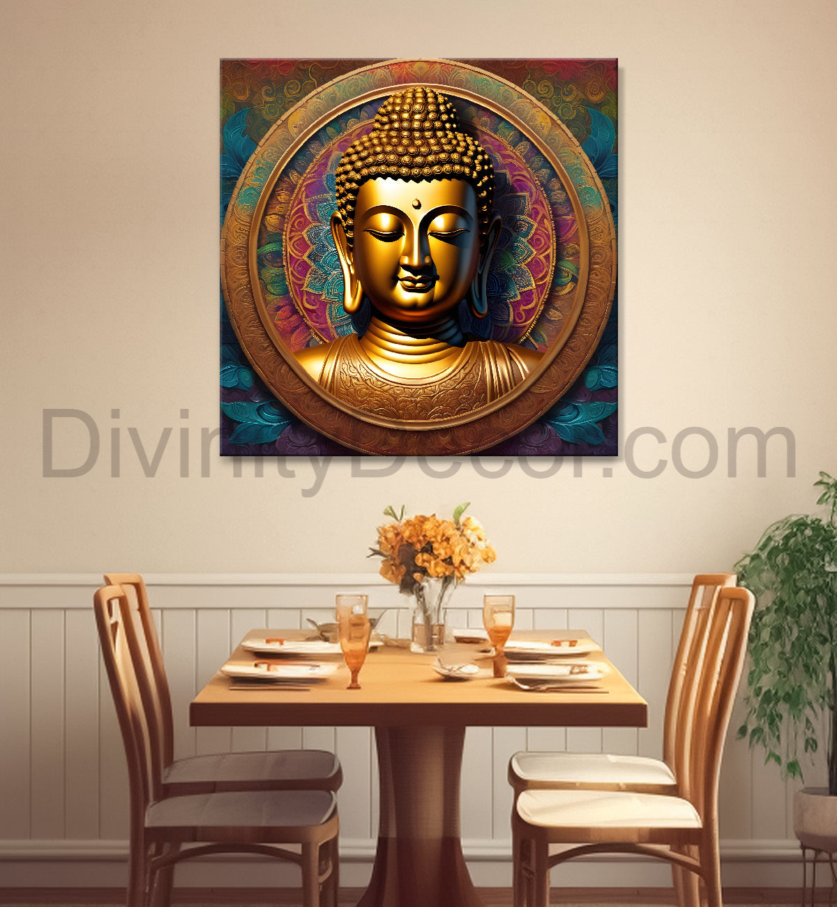 Dark green and blue buddha painting with lotus 24x24 inch Buddha-S-82