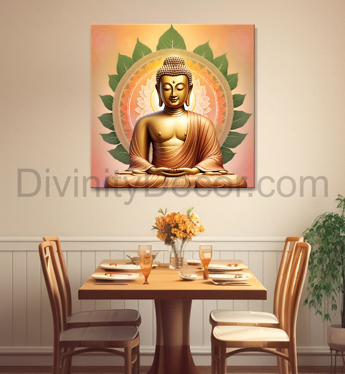Golden buddha with floral mandal pestal painting 24x24 inch Buddha-S-84