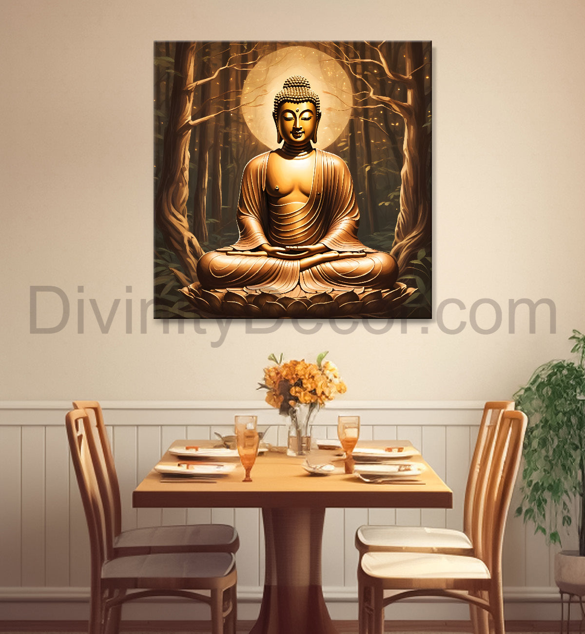 Golden buddha stachue in forest dark brown painting 24x24 inch Buddha-S-90