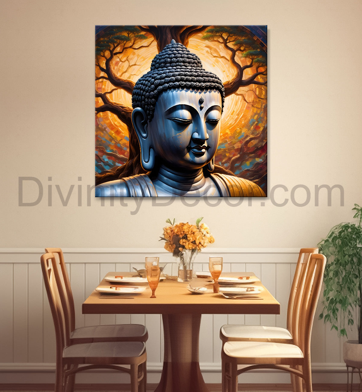 Metal Finish Buddha Painting with Tree 24x24 inch Buddha-S-99