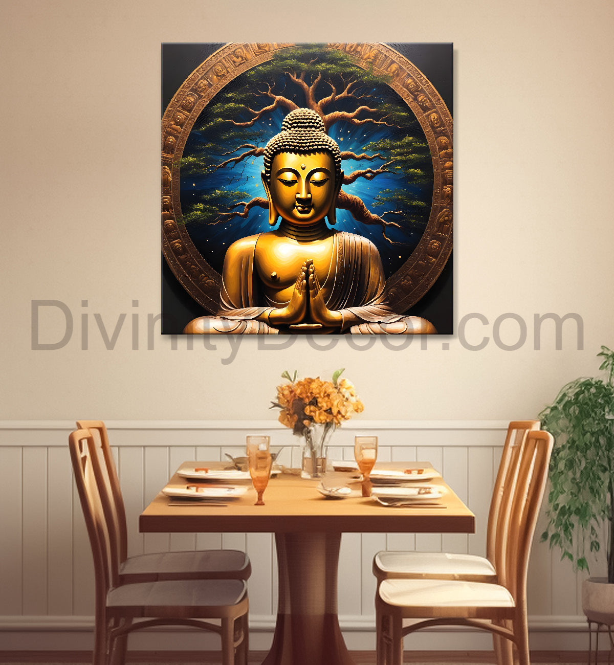 Golden Buddha Painting with Blue background with tree 24x24 inch Buddha-S-100