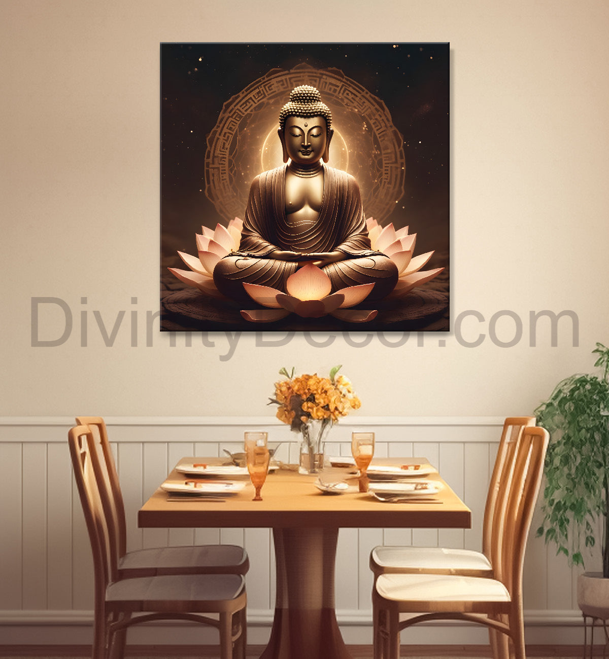 Buddha Painting Dark Brown Theme with Lotus 24x24 inch Buddha-S-104