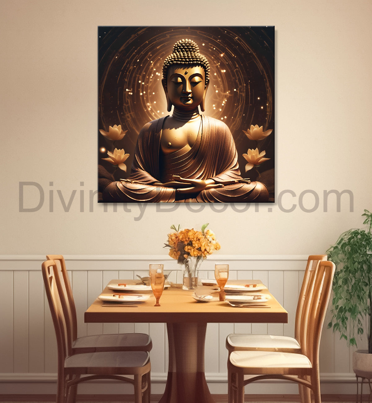 Buddha Painting Dark Brown Theme with Lotus 24x24 inch Buddha-S-107