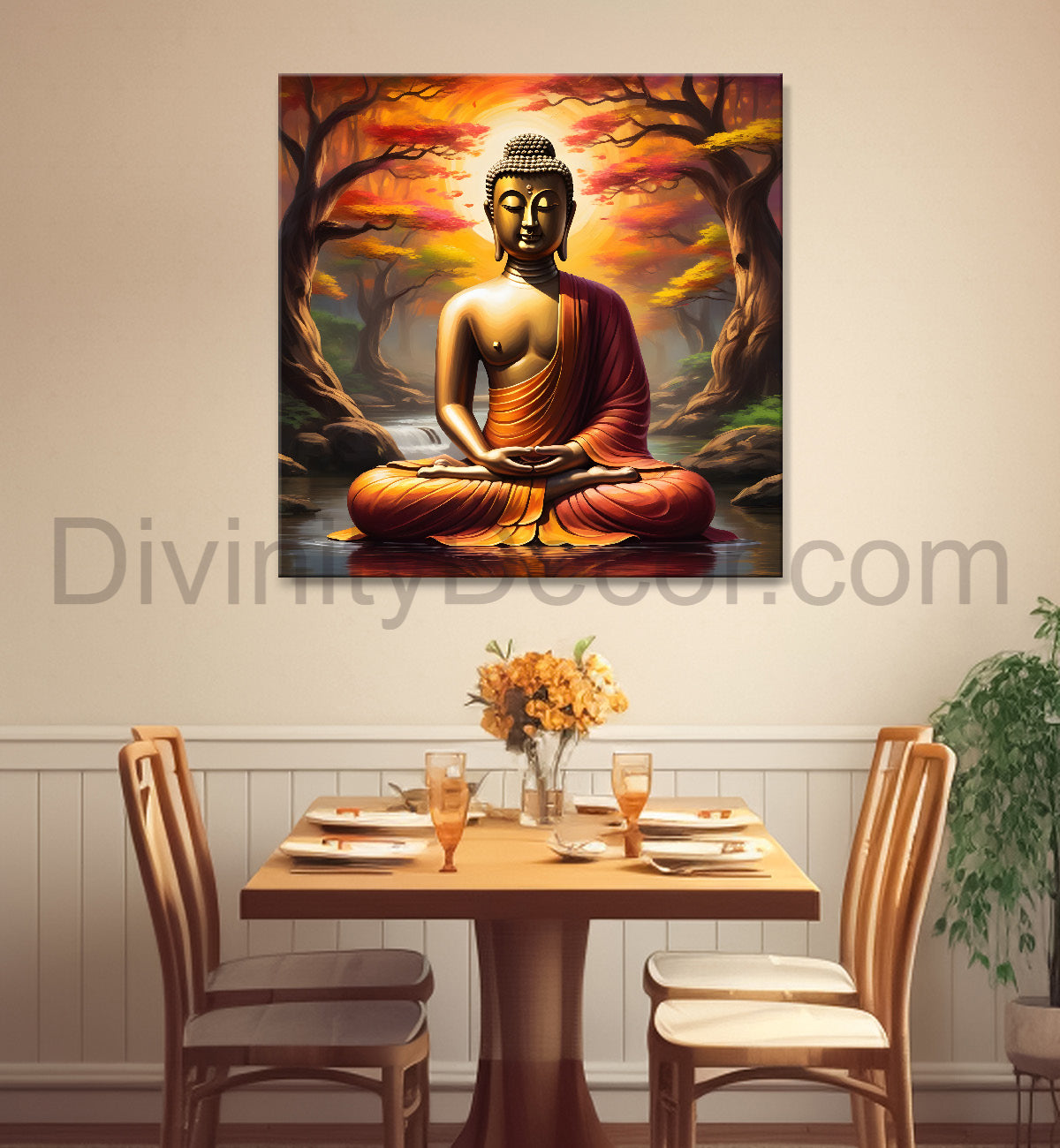 Golden Buddha Sitting under the tree in forest Painting 24x24 inch Buddha-S-109