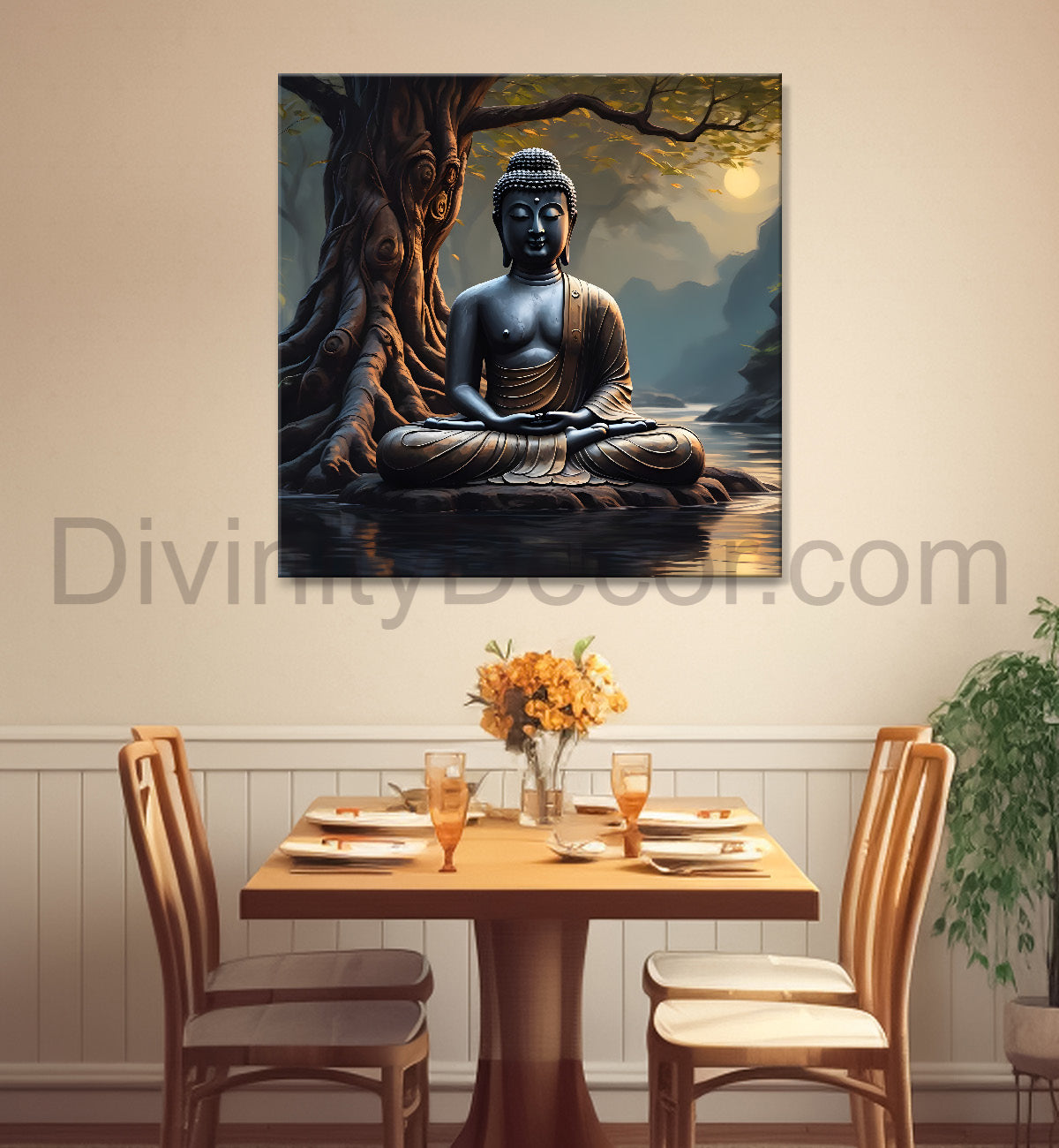 Lord Buddha Sitting under tree sunrise painting 24x24 inch Buddha-S-112