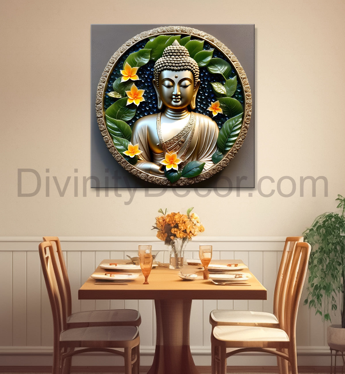 Lord Buddha with leaf and flower Rasin art marble finish Golden painting 24x24 inch Buddha-S-152