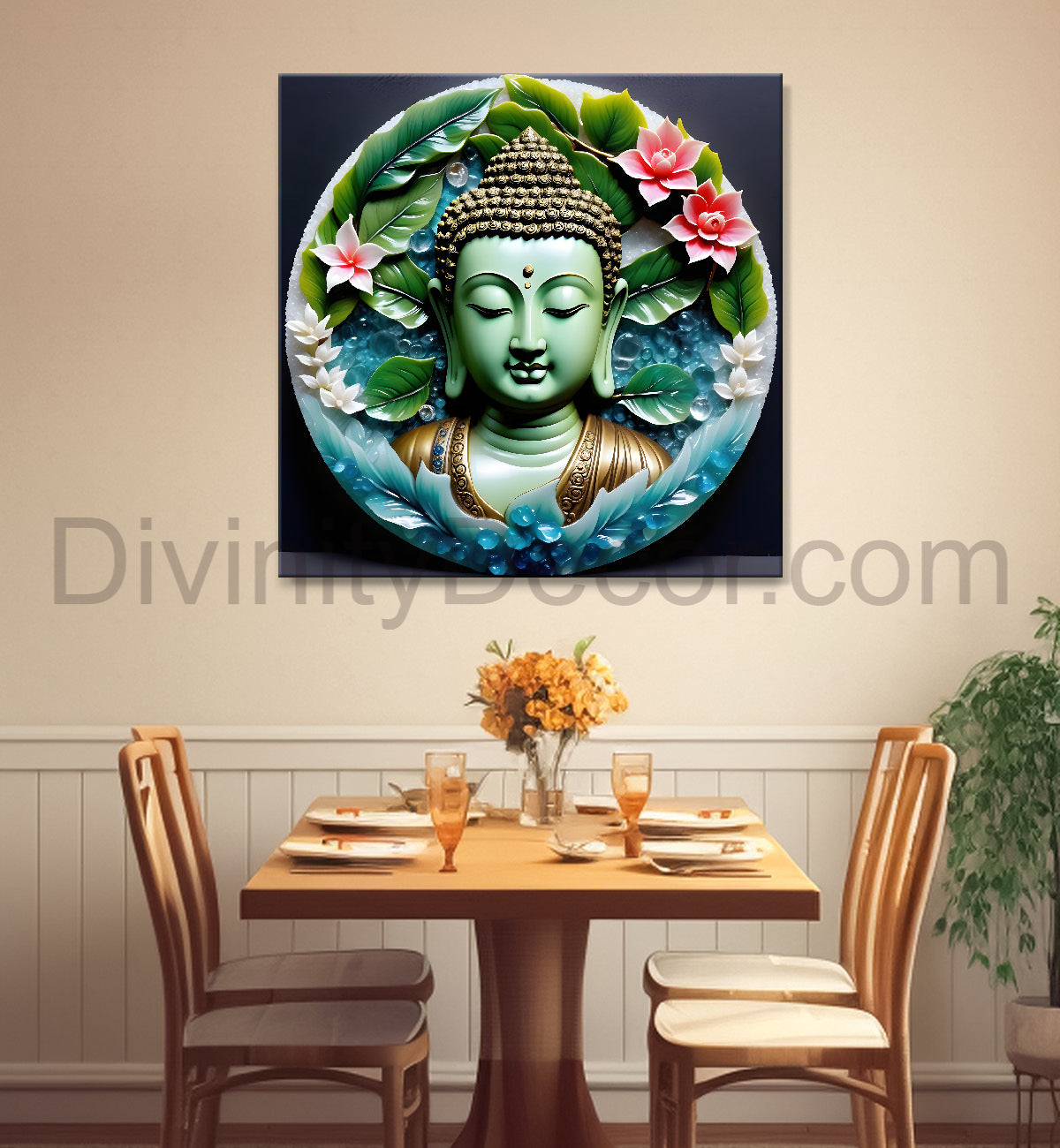 Lord Buddha with leaf and flower Rasin art marble finish Golden painting 24x24 inch Buddha-S-153