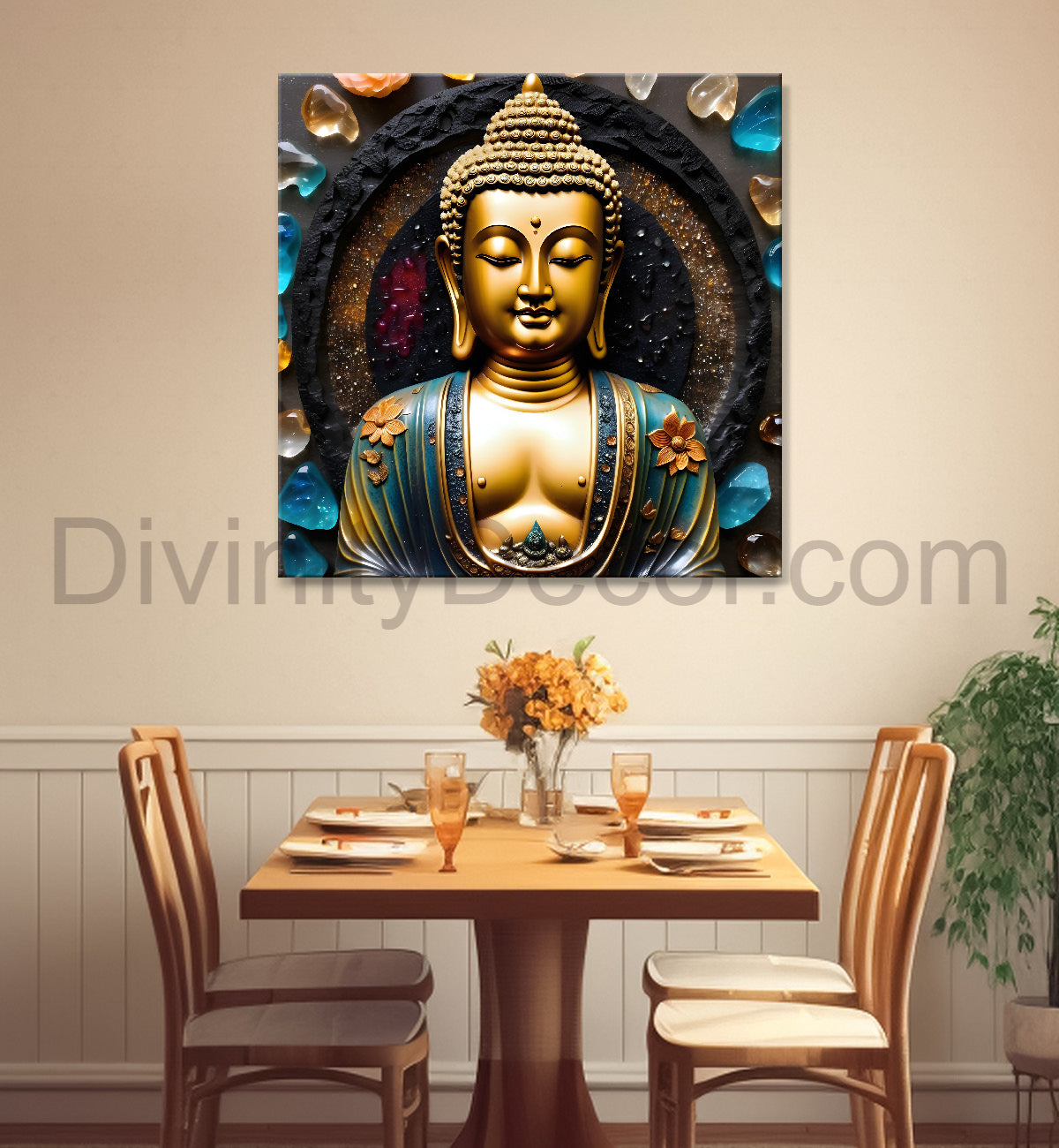Lord Buddha with leaf and flower Rasin art marble finish Golden painting 24x24 inch Buddha-S-154