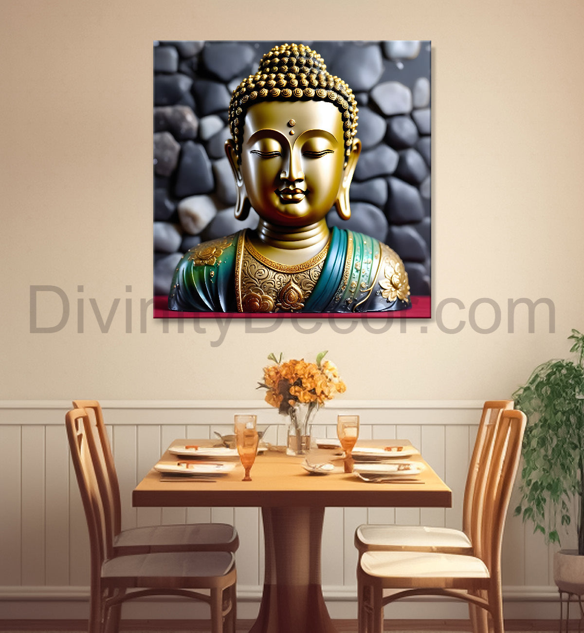 Lord Buddha with leaf and flower Rasin art marble finish Golden painting 24x24 inch Buddha-S-155