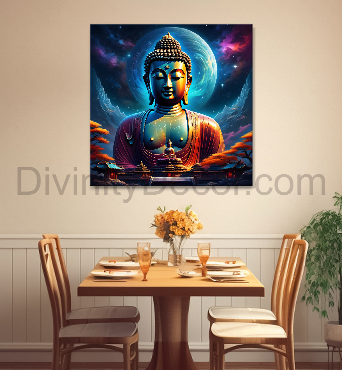 Golden buddha statue with cosmic light in background painting 24x24 inch Buddha-S-180