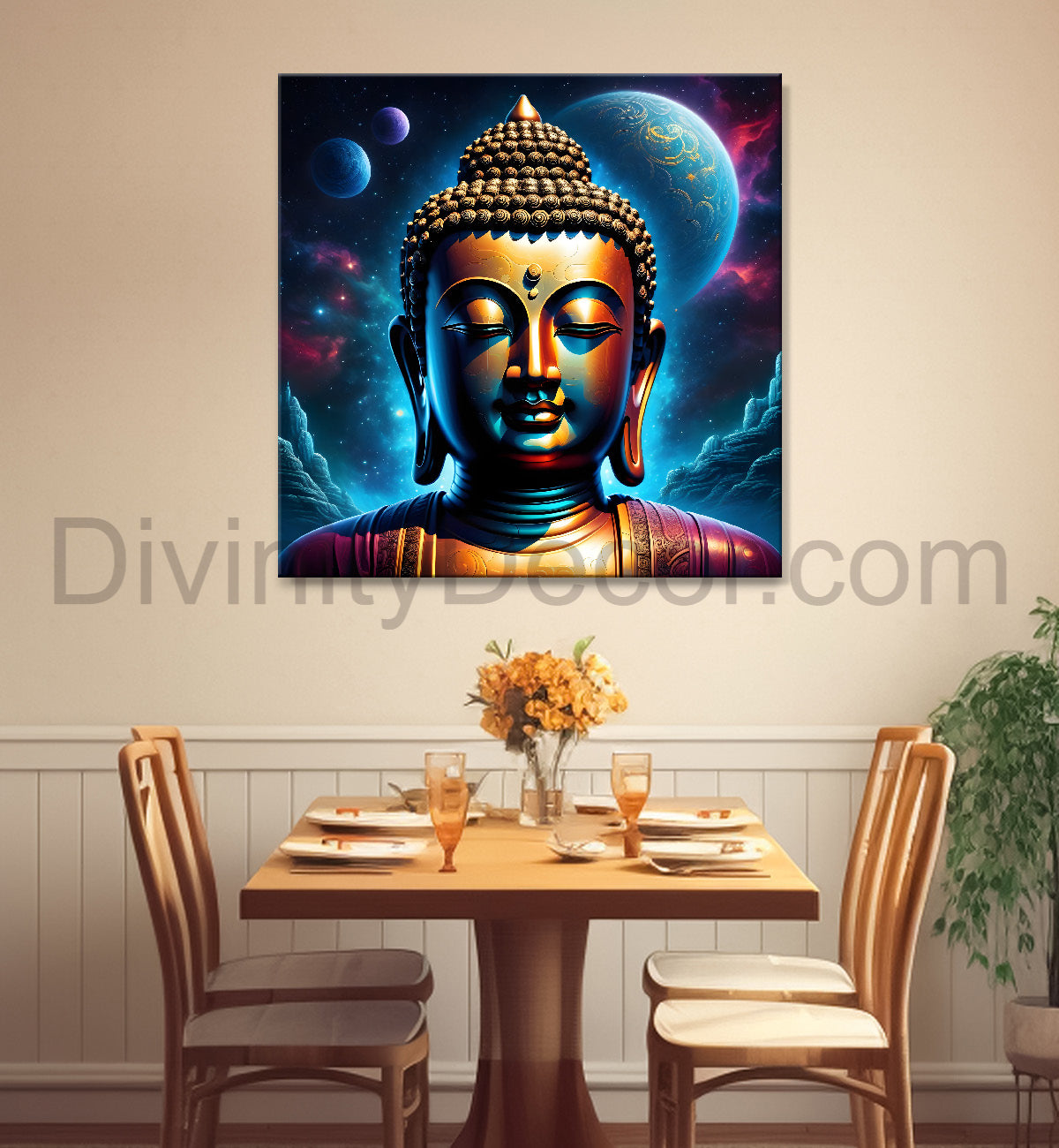 Golden buddha statue with cosmic light in background painting 24x24 inch Buddha-S-181