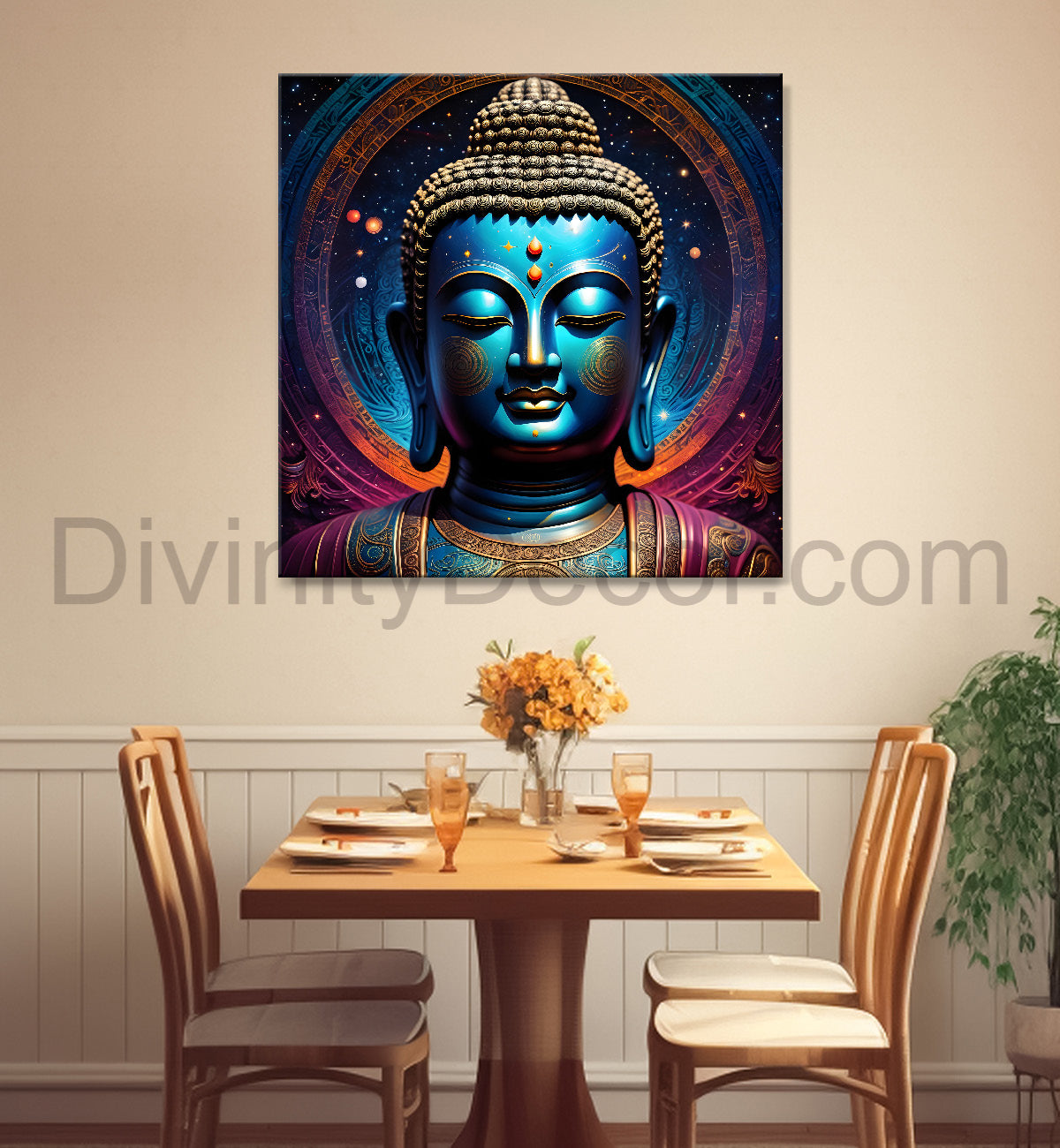 Golden buddha statue with cosmic light in background painting 24x24 inch Buddha-S-182