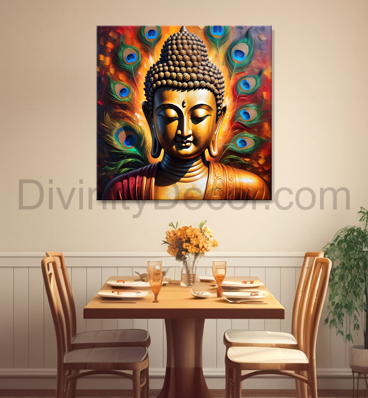 Buddha painting with peacock feather 24x24 inch Buddha-S-186