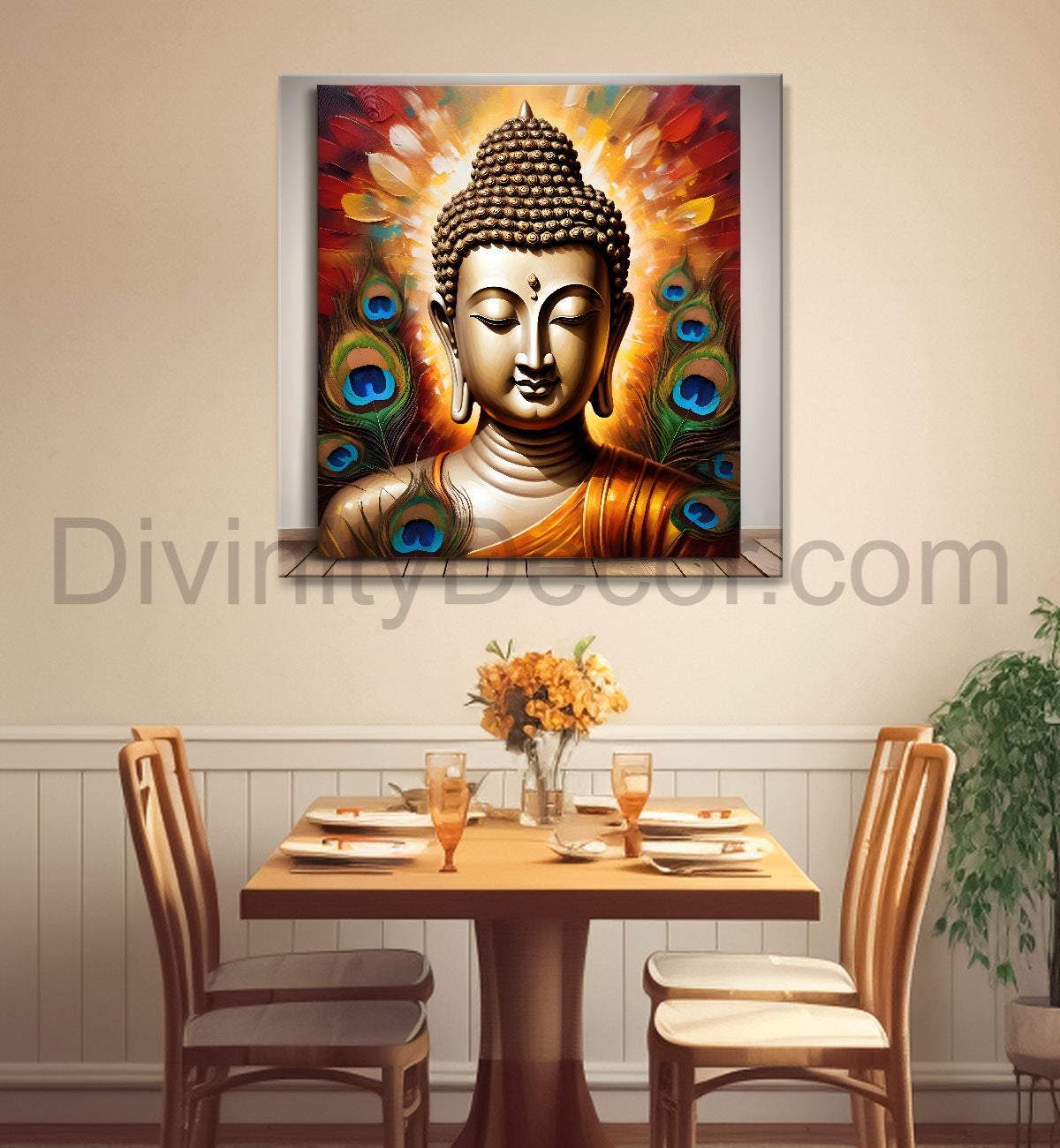 Buddha painting with peacock feather 24x24 inch Buddha-S-187