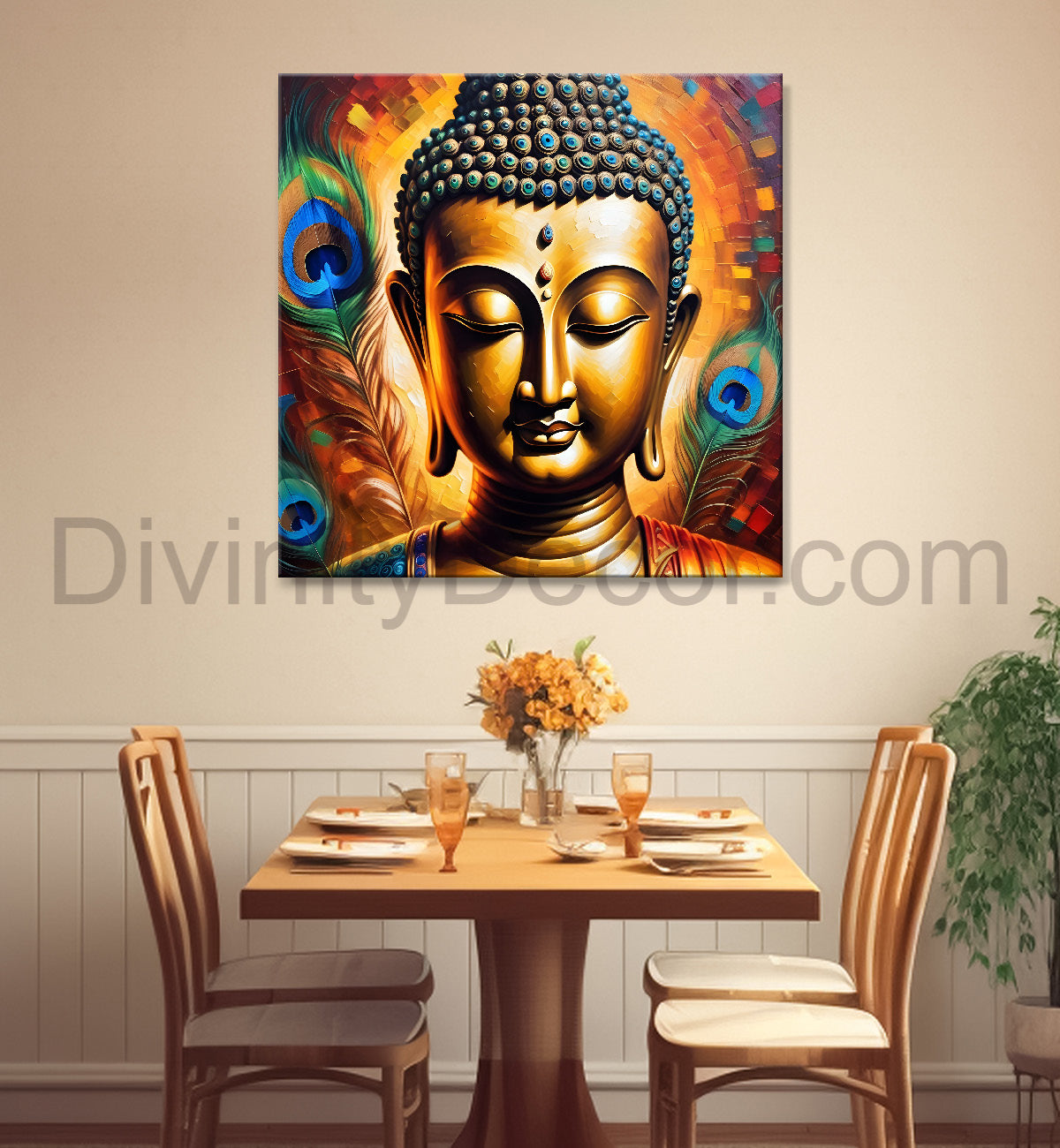 Buddha painting with peacock feather 24x24 inch Buddha-S-188
