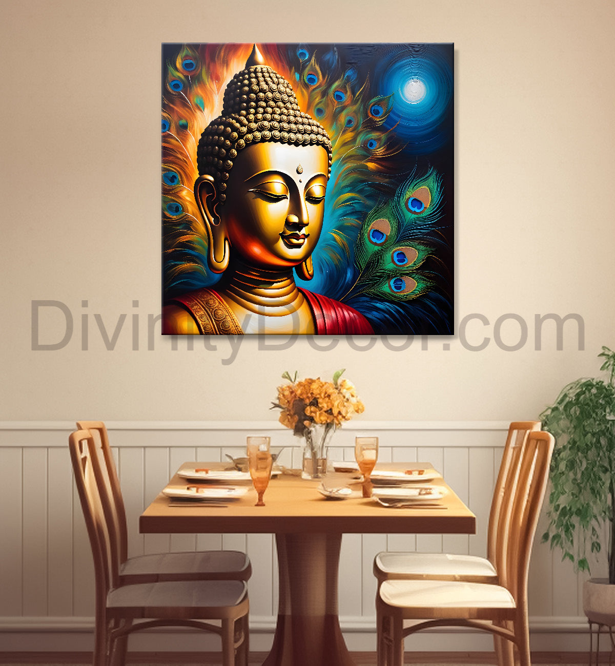Buddha painting with peacock feather 24x24 inch Buddha-S-189