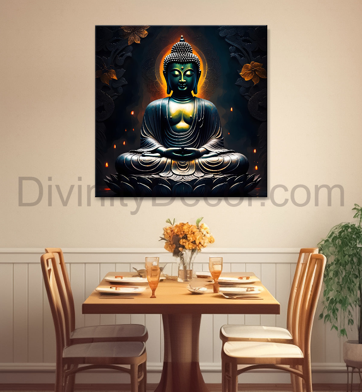 Black buddha with yellow chakra and dark background painting 24x24 inch Buddha-S-190