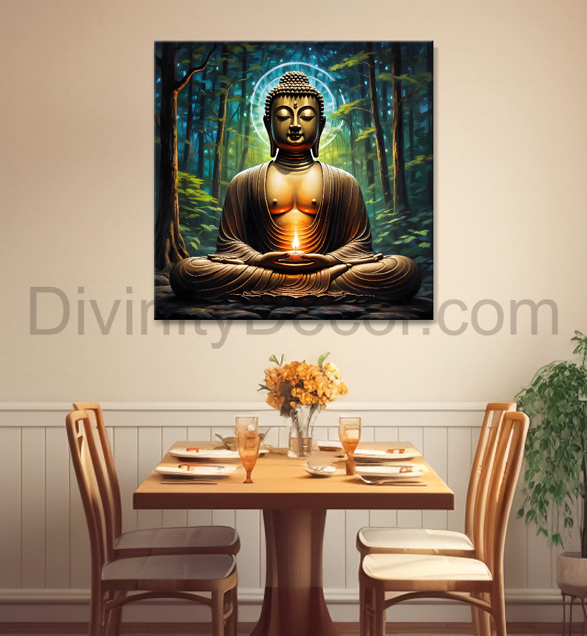 Golden buddha with green background painting 24x24 inch Buddha-S-192