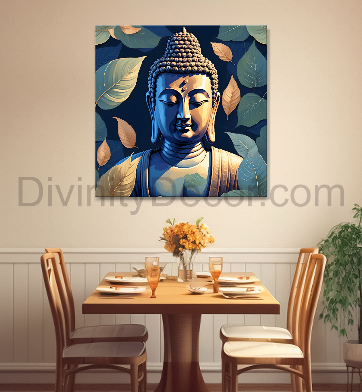 Buddha in navy blue and leaves background 24x24 inch Buddha-S-193
