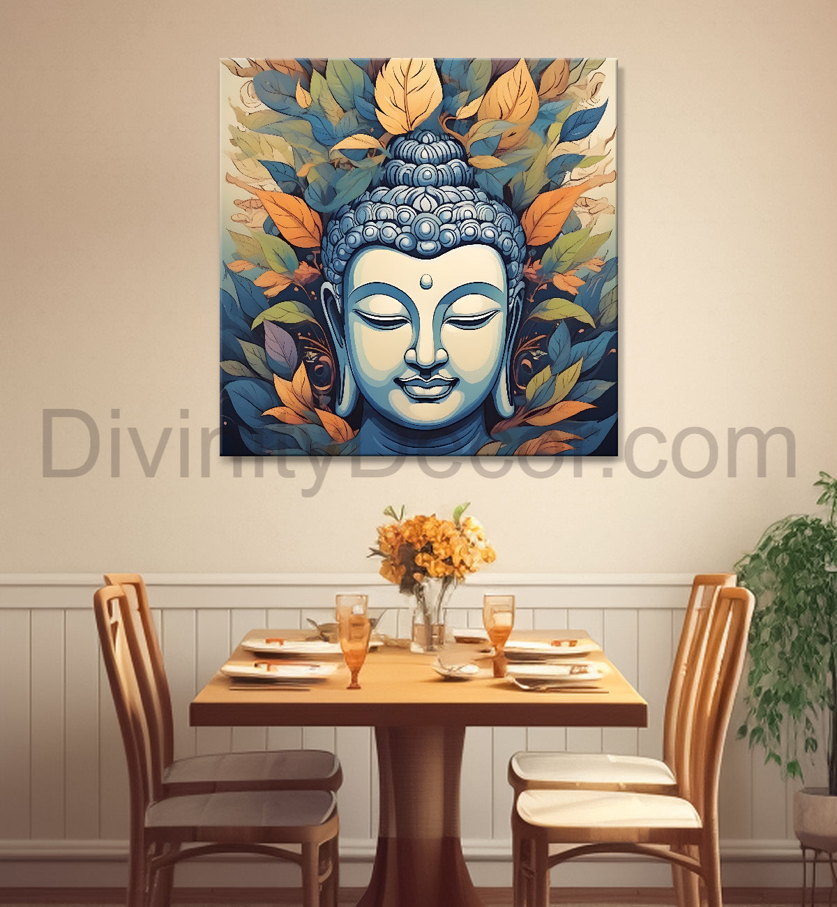 White face of buddha with orange leaves textured background  24x24 inch Buddha-S-196