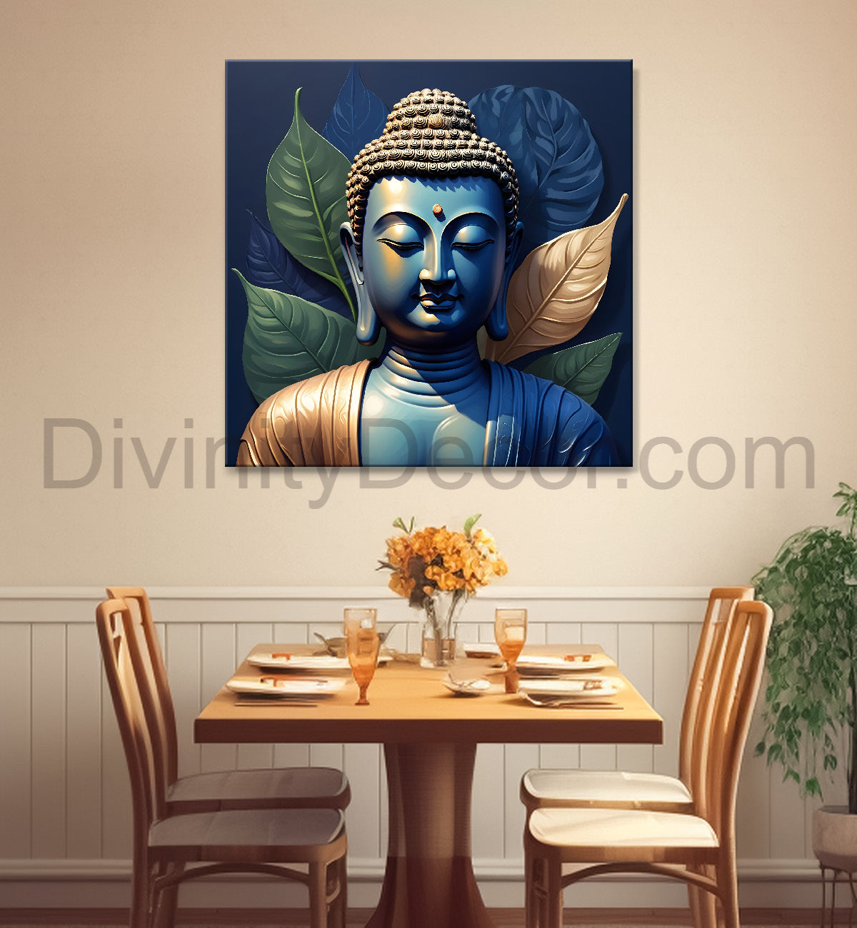 Blue buddha face in textured background  24x24 inch Buddha-S-197